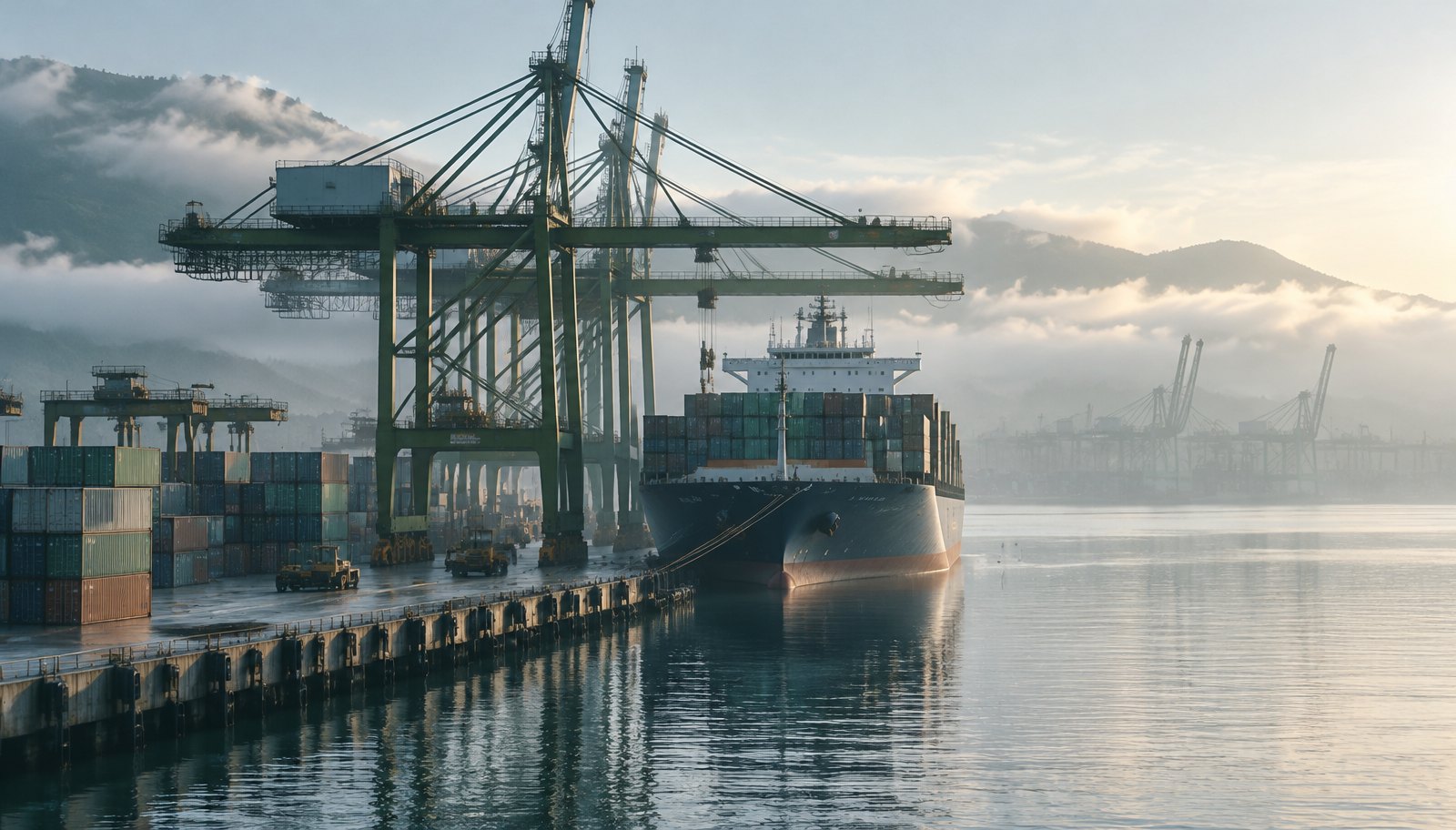 Container terminal cranes and stacked containers seen through thin morning sea fog